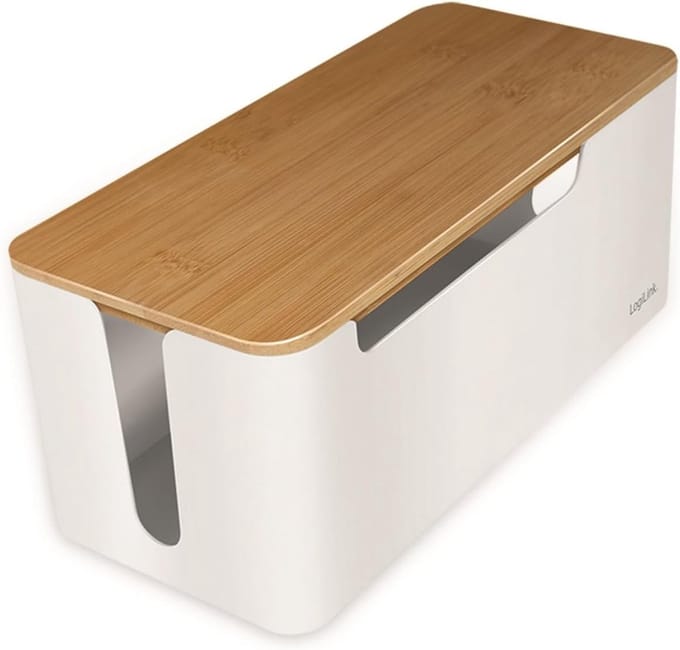 Famanu - Kabelbox medium (320x140x130 mm), wit met bamboe deksel