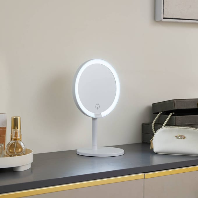Lindby LED oplaadbare spiegel Renki, wit, kunststof, dimbaar