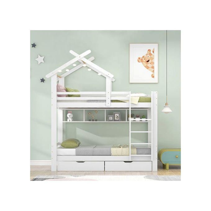 Stapelbed - MUVOE - 90x200cm - Wit - Met lades en planken - Veilig voor kinderen wit
