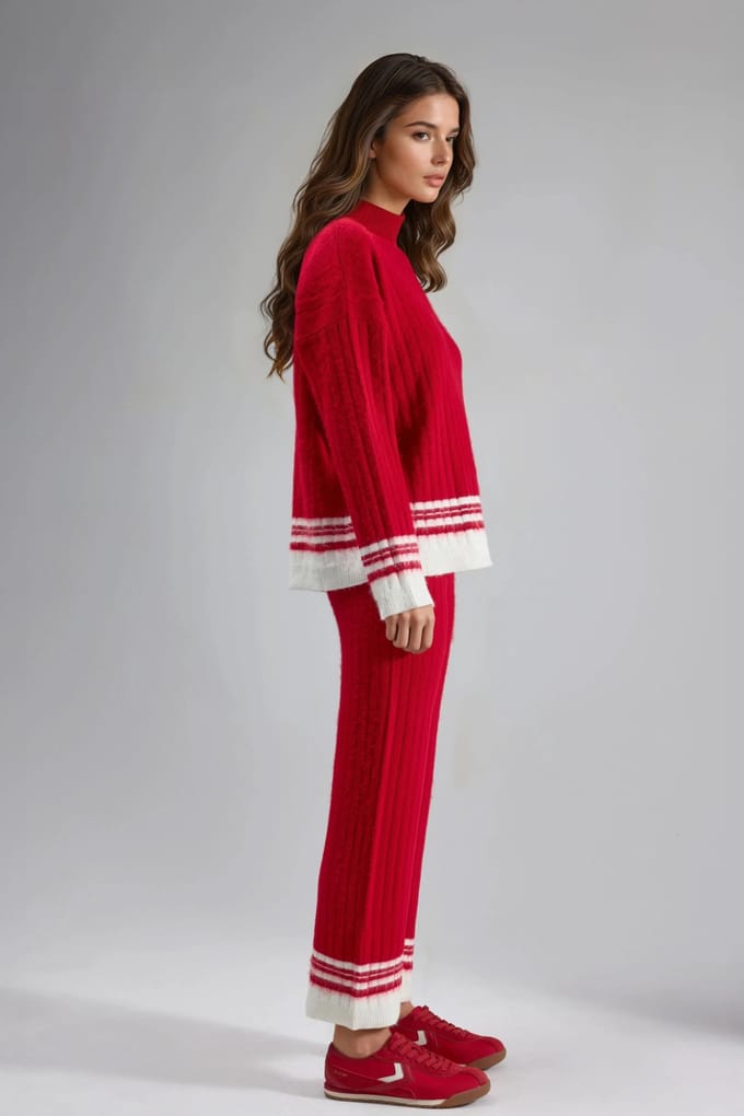 Gestreept Ribgebreid Co-Ord Set met Halve Col