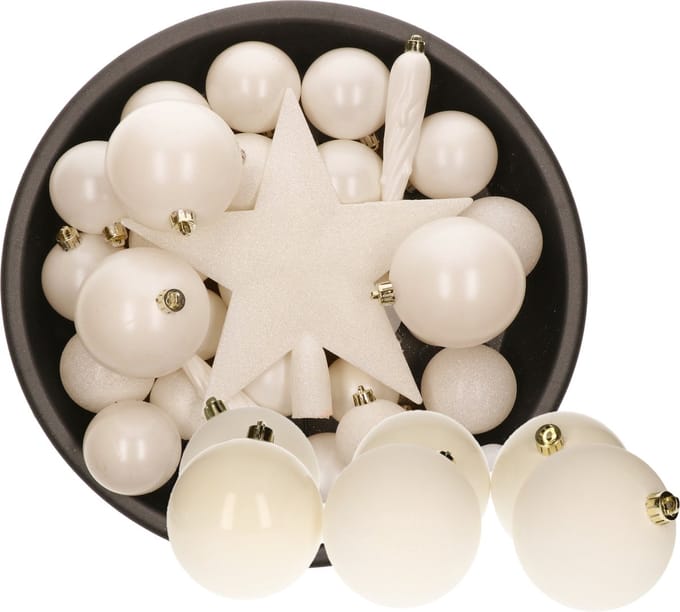 Decoris Kerstversiering pakket - 39-dlg - kunststof - wol wit - kerstballen