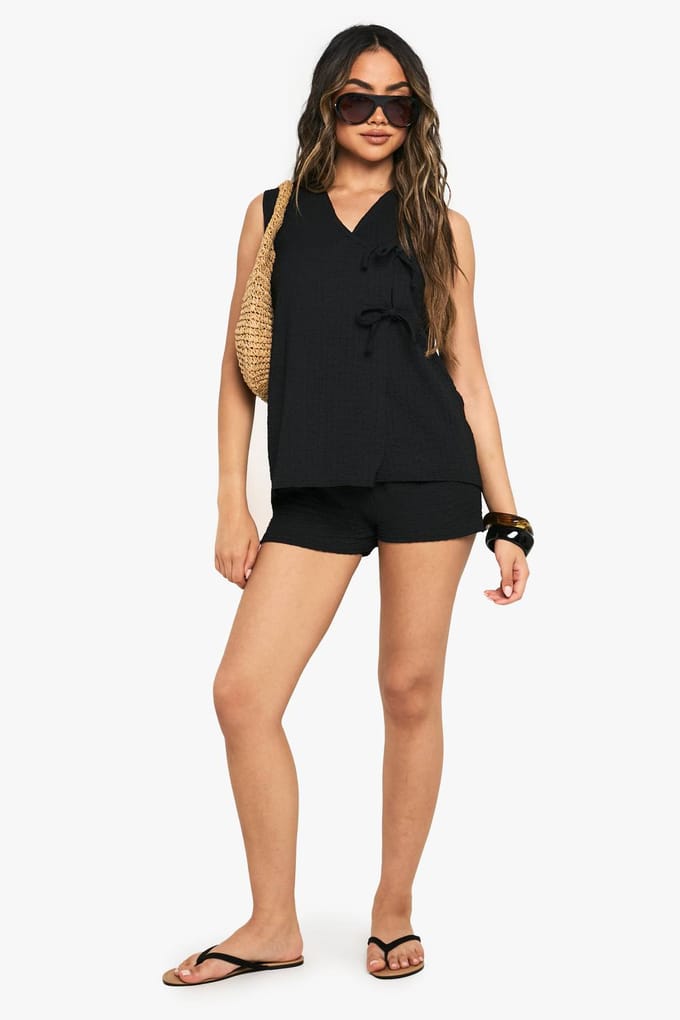 boohoo Dames Textured Tie Front Sleeveless Top | Zwart | Maat: 34