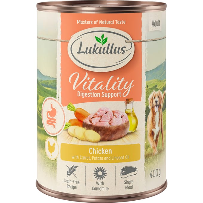 6x400g Vitality Ondersteunt de Spijsvertering Kip Graanvrij Lukullus Honden natvoer