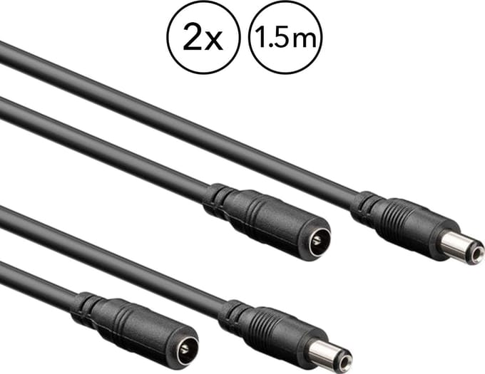 2 x Verlengkabel met DC plug - 1,5 meter - 5,5 x 2,1 mm - 12V / 24V 3A