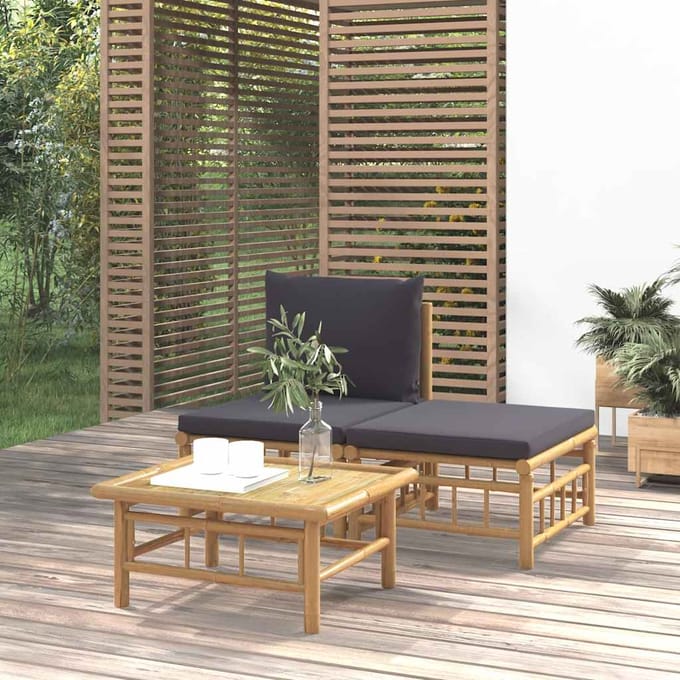 vidaXL - 3-delige - Loungeset - met - kussens - bamboe - donkergrijs