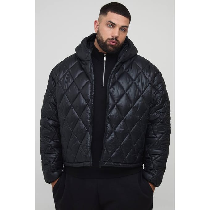 Plus Oversized Boxy High Shine Quilted Hooded Funnel Puffer Jacket | Black | Size 2XL