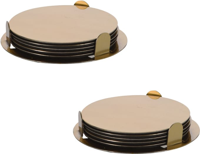 Bellatio Design Onderzetters - 12x - goud - RVS - 8,5 cm - met houder - schuimlaag - glasonderleggers
