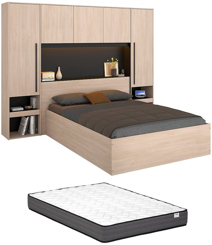 Vente-unique Bed met opbergruimte hout zwart, natuurlijk licht 140 x 190 cm