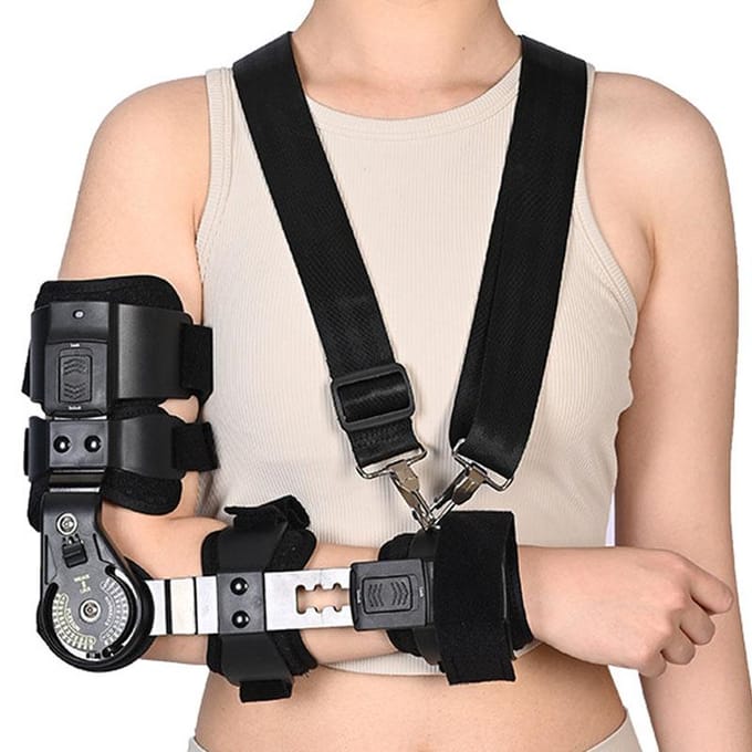 Scharnierende Elleboogbrace Ondersteuning met Verstelbaar ROM voor Arm Schouder Onderarm Orthese Spalk Sling Right black