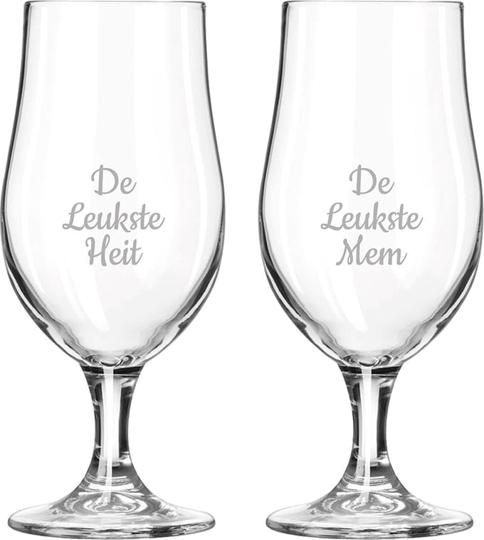 Gegraveerde bierglas op voet 49cl De Leukste Mem-De Leukste Heit