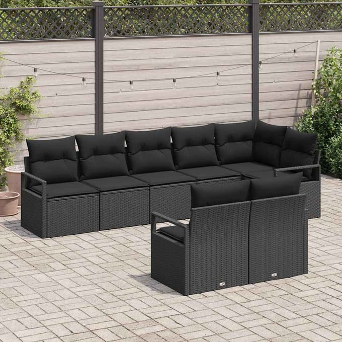 vidaXL Tuinbank Set met kussen met opslag 8 pcs Zwart poly rattan