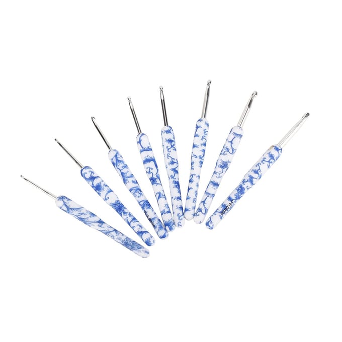 8 stuks Haaknaald Set Blauw Wit Porselein Print Handgepolijst Handwerk DIY Naald met white