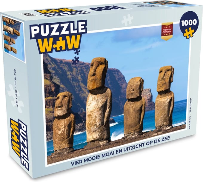 Puzzel Vier mooie Moai en uitzicht op de zee - Legpuzzel - Puzzel 1000 stukjes volwassenen