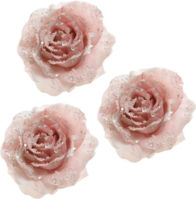 3x Kerstboom decoratie roos poeder roze 14 cm