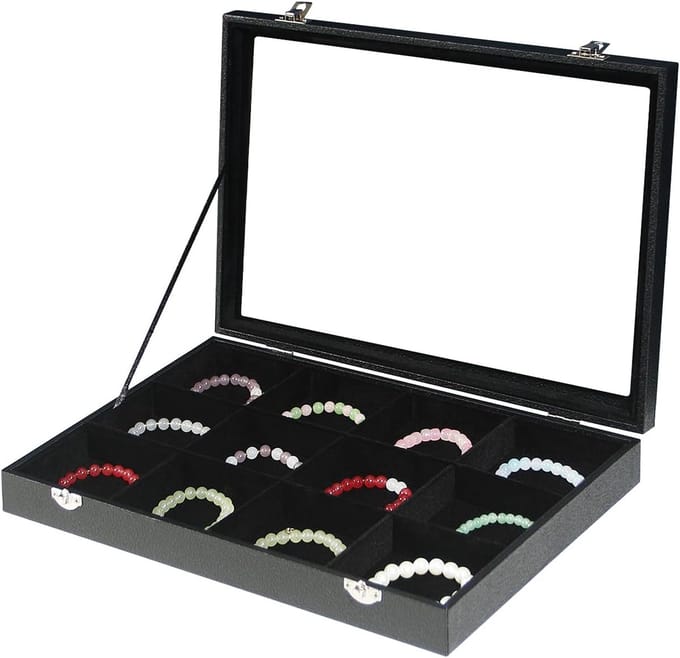 Sieraden Organizer - Sieradendoos Lade - Thuis Opslag - Transparant Glasdeksel - 12 Vakken - Zwart Fluweel