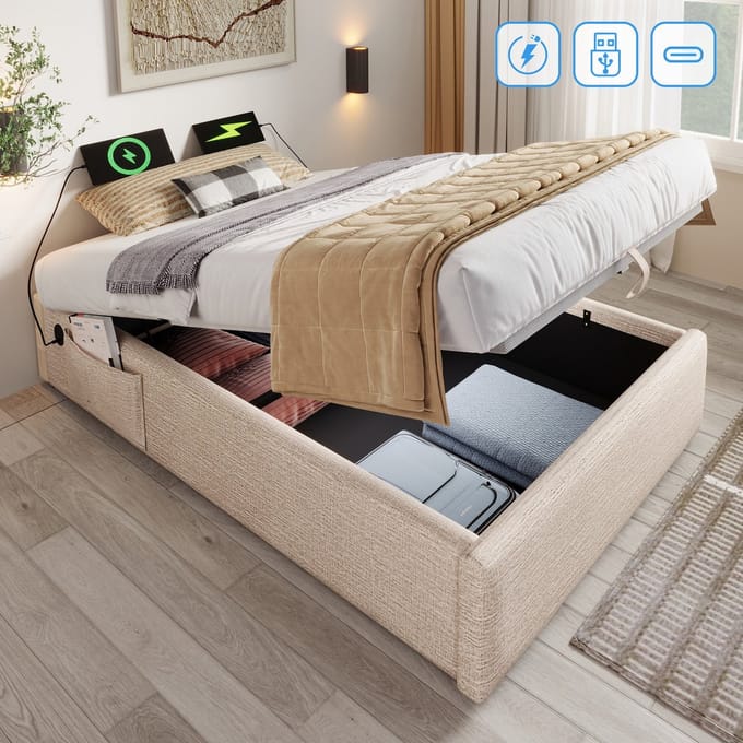 Sweiko Eenpersoonsbed - 90 x 190 cm - Opbergruimte - USB+type C aansluiting - Zonder hoofdeinde - Beige