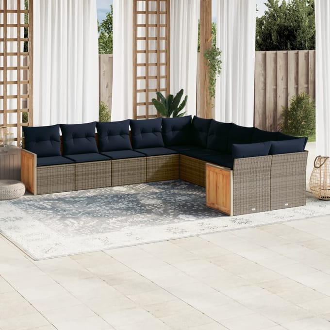 vidaXL - 10-delige - tuinbankset - met - kussens, - grijs - polyrotan