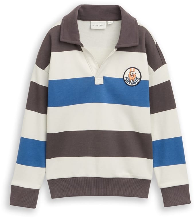 Tom Tailor - Oversized sweatshirt met polokraag - Maat 128/134 - grey blue off white stripe