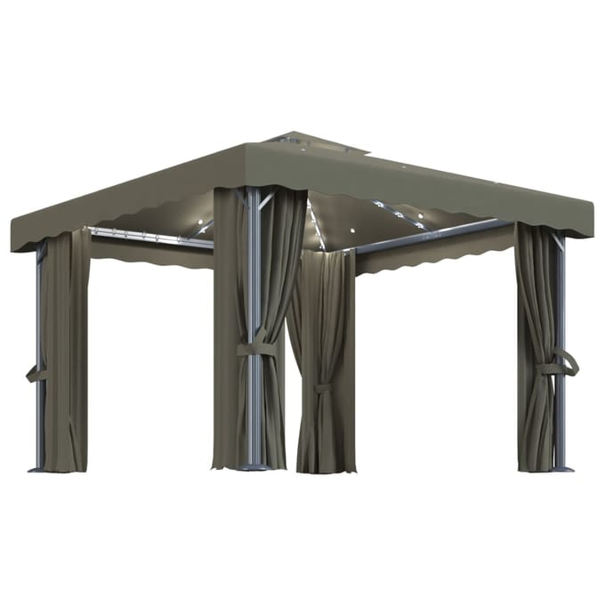 vidaXL - Prieel - met - gordijn - en - LED-lichtslinger - 3x3 - m - taupe