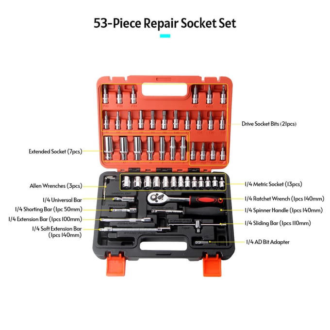 53-delige ratelsleutel- en dopsleutelset 1/4-inch schroevendraaier reparatieset combinatiedop 46pcs & Black Toolbox & Black&Red Handle gray