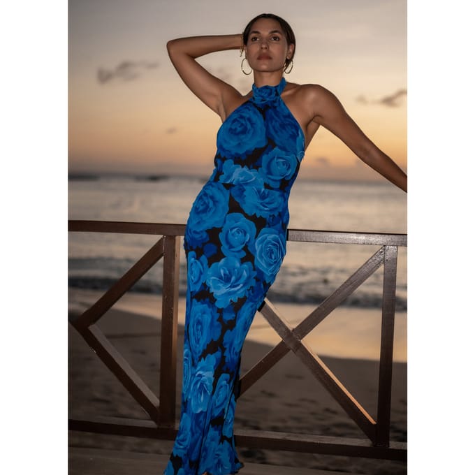 Blauwe Bloemen Gelegenheid Halter Maxi Jurk