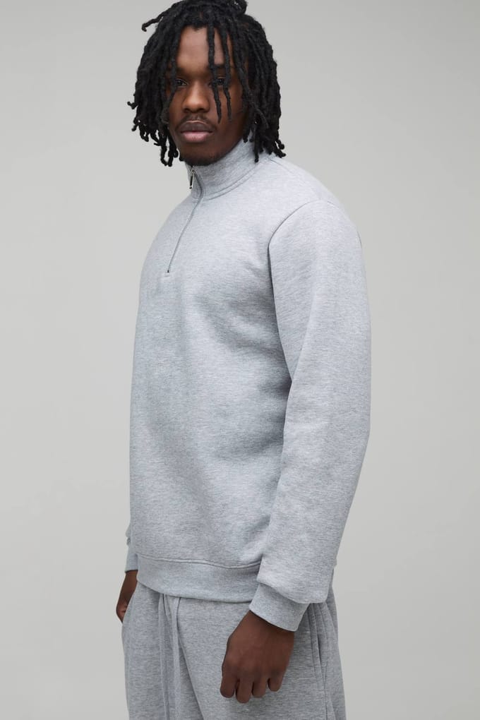 Tall Essential Regular Fit Quarter Zip Funnel Neck Sweatshirt | Grey Marl | Size Small