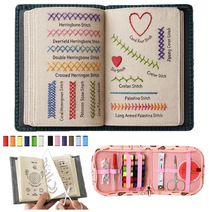 Stitch Book Embroidery Kit — Felt Stitch Guide met volledige naai-tools, multicolor garenset, compact 14x10x2cm
