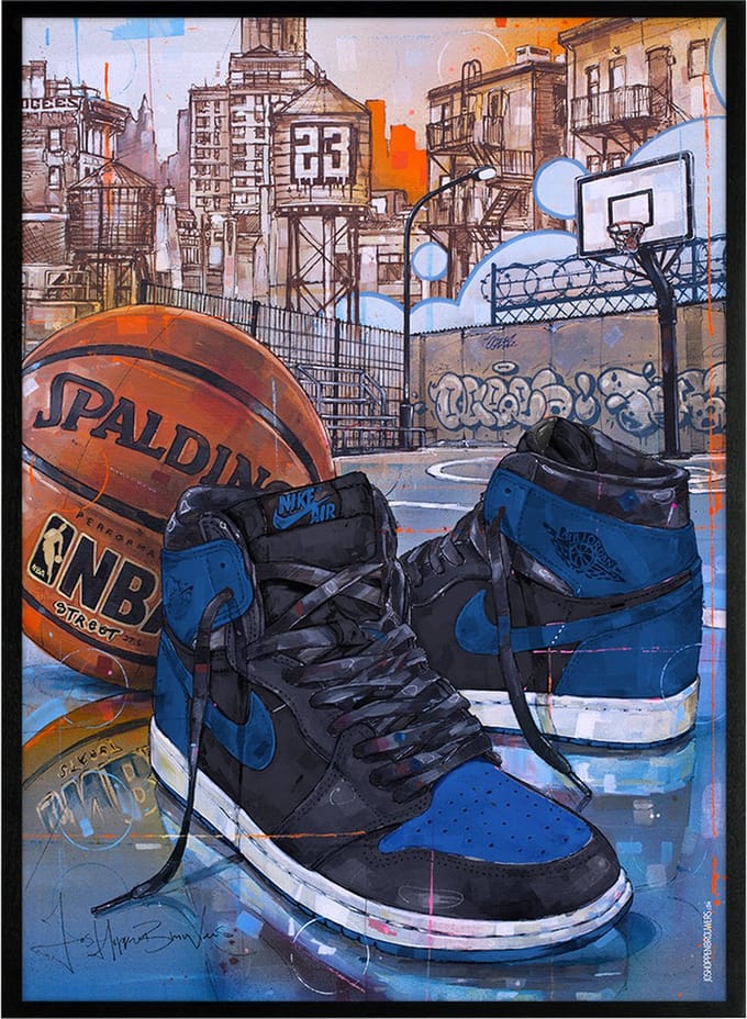 Sneaker print basketball royal blue 51x71 cm *ingelijst & gesigneerd