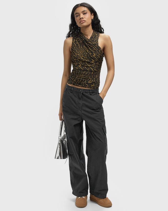 Printed Shiny Jersey Sleeveless Ruched Blouse