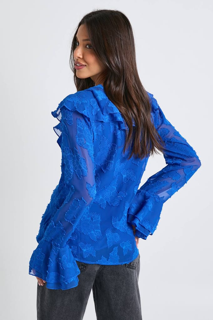 boohoo Dames Blouse met ruches en lange mouwen | Cobalt | Maat: 8