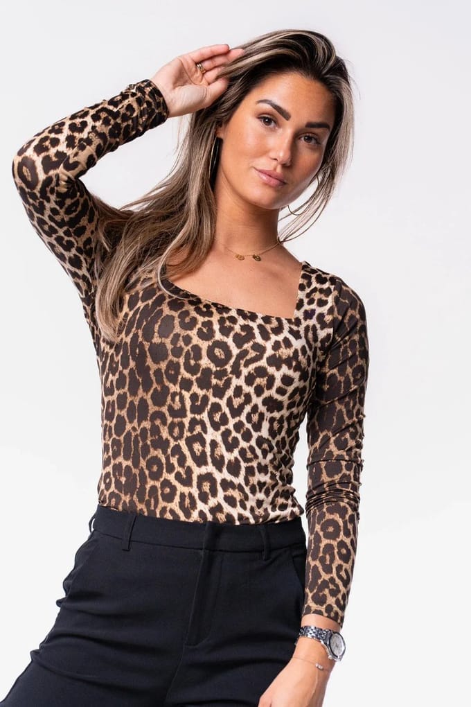 Getdrezzed Top - Maat: M - Longsleeve body vierkante hals leopard