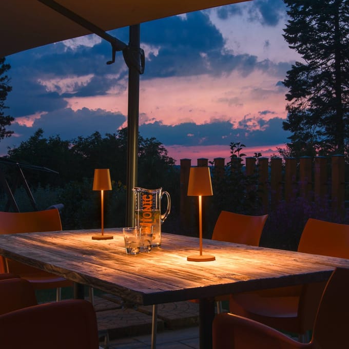 SLV LED-acculamp Vinolina Two, roestkleurig, aluminium, Ø 11 cm