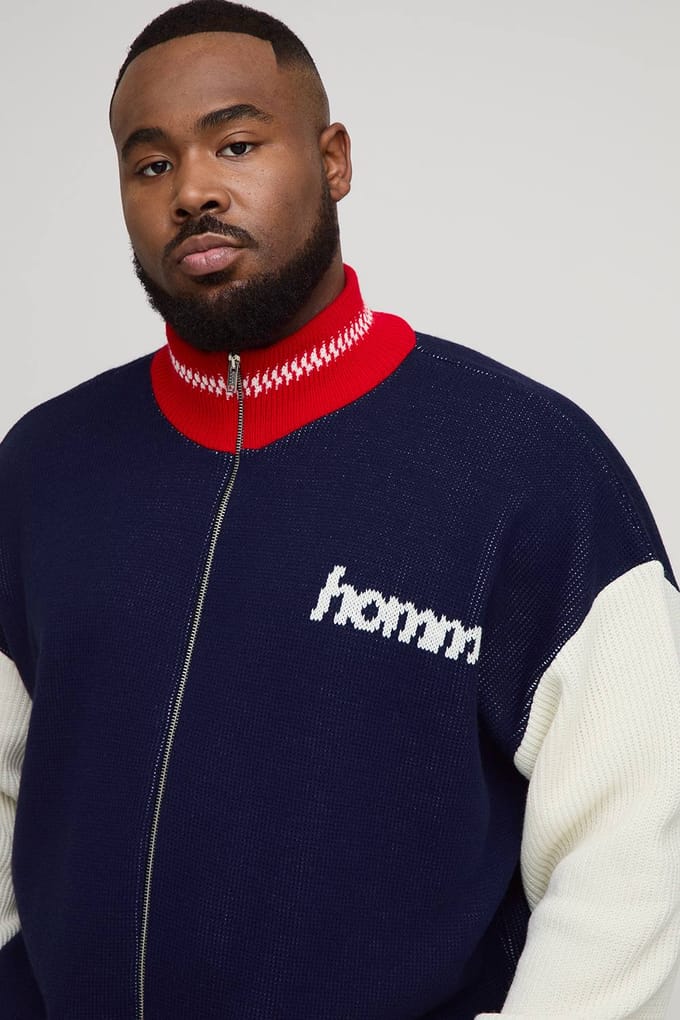 Plus Oversized Zip Up Funnel Neck Homme Knitted Jacket | Navy | Size 2XL