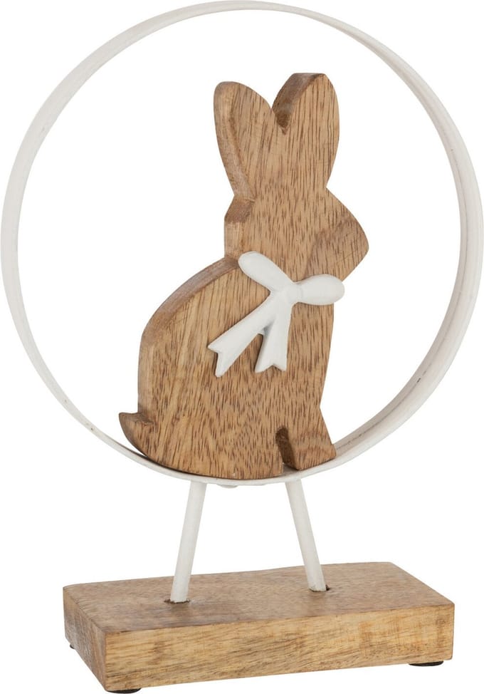 J-Line decoratie Konijn Strik In Rond - hout/ijzer - wit/naturel - small