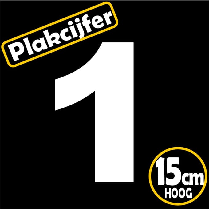 Jerma - Plakcijfer - 1 - sticker - 15 cm - Hoog - Wit - Plasticfolie - Zelfklevend - Binnen - Buiten