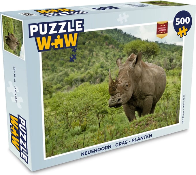 Puzzel Neushoorn - Gras - Planten - Legpuzzel - Puzzel 500 stukjes