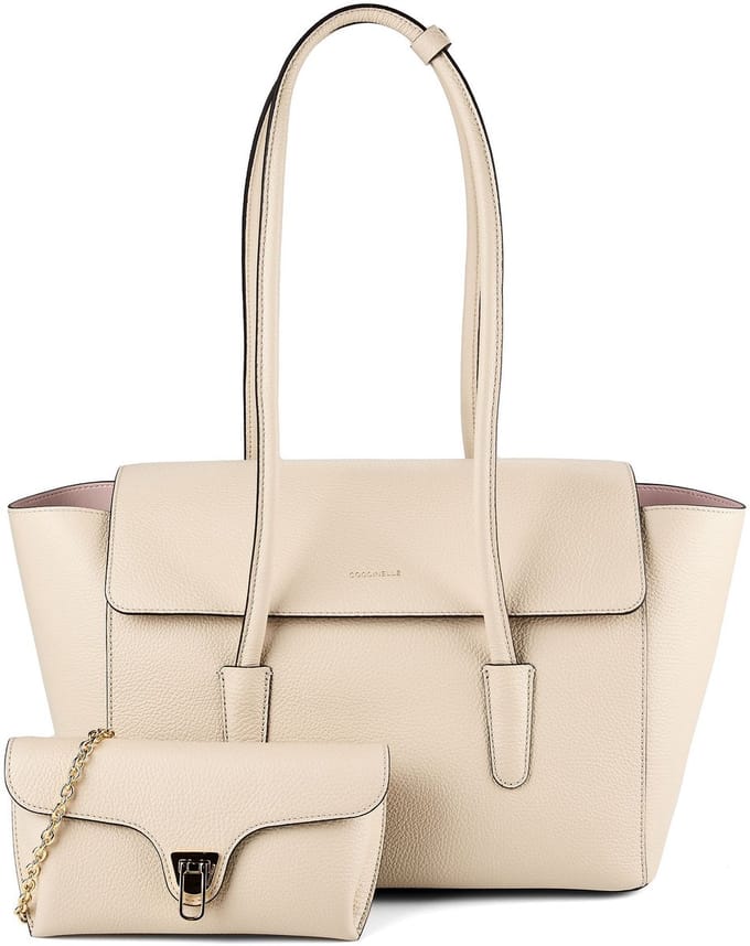 COCCINELLE Leren shopper schoudertas Double Beat Grained Leather Handbag Sandshell beige