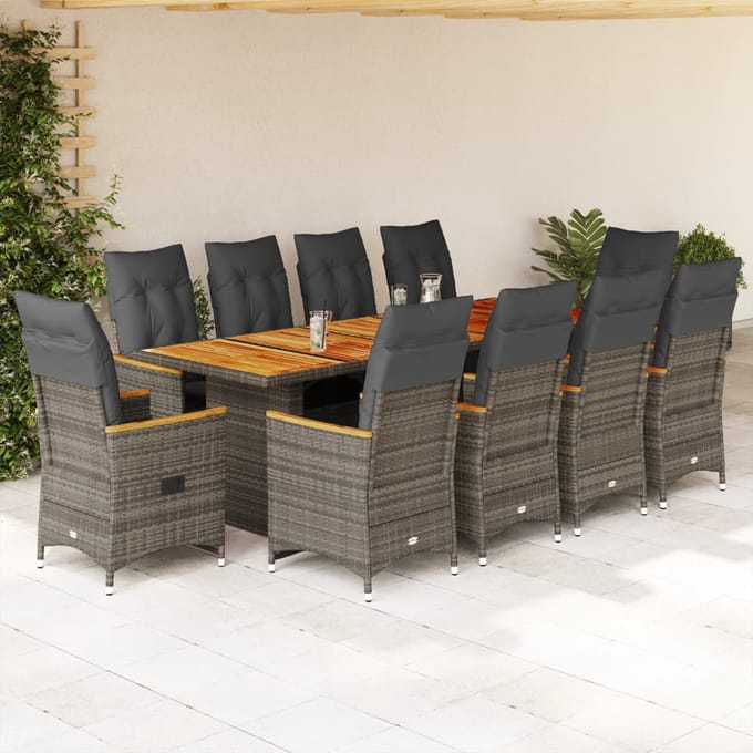 vidaXL - 11-delige - Bistroset - met - kussens - poly - rattan - grijs