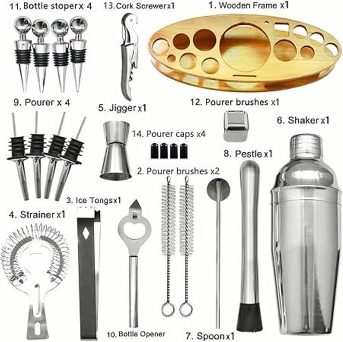 Cocktailset Mixing Set - 23 stuks voor Bartender - RVS Bar Tool Kit met Houten Display Stand