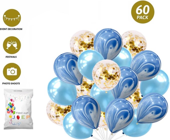 FeestmetJoep® 60 stuks ballonnen Goud & Marmer blauw – Verjaardag Versiering