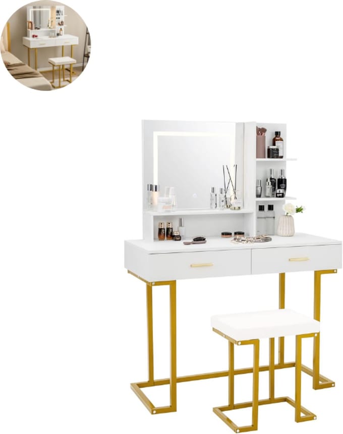 Kaptafel met spiegel en verlichting - Make up tafel - Make up - Toilettafel - Met lades - Wit