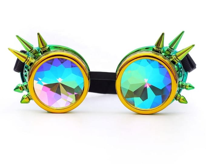LOUD AND CLEAR® - Caleidoscoop Bril - Spacebril - Space Bril - Steampunk Bril - Stekels - Goud - Geel - Groen
