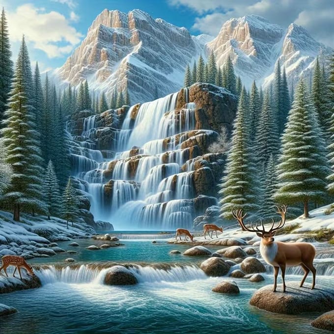 diamond painting Waterval Landschap met herten 40 x 40 cm