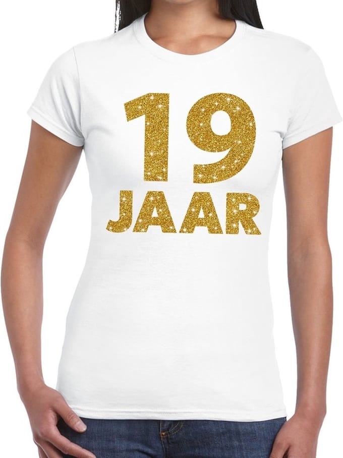 19 jaar goud glitter verjaardag t-shirt wit dames - verjaardag shirts S