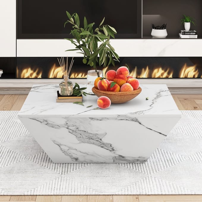 Salontafel - 70x70x37 cm - Trommelvorm Met Marmerlook Blad - Modern Design - MDF - Wit
