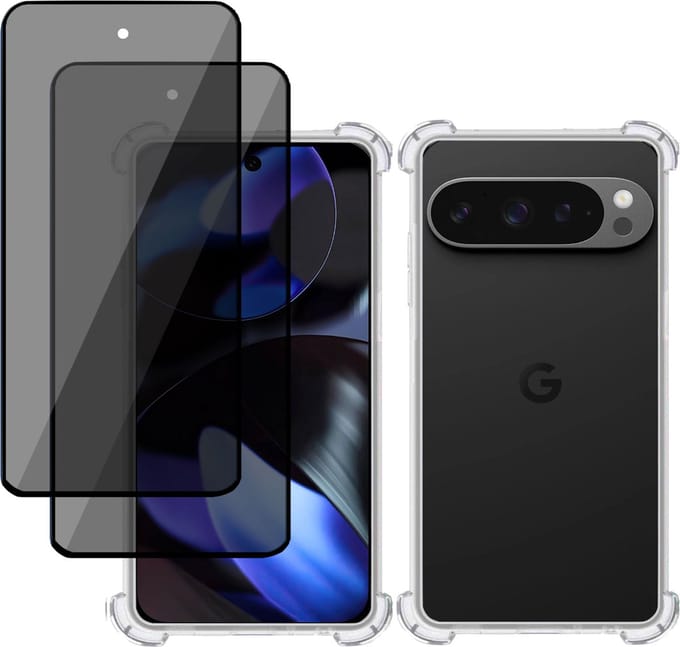 Hoesje + 2x Privé Screenprotector geschikt voor Google Pixel 9 Pro XL – Privacy Tempered Glass - Case Transparant