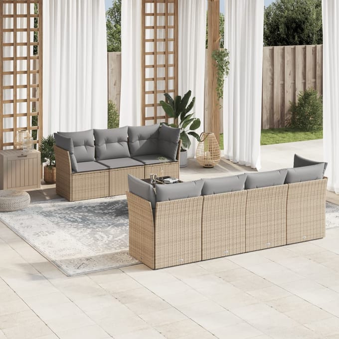 vidaXL - 8-delige - Loungeset - met - kussens - poly - rattan - beige