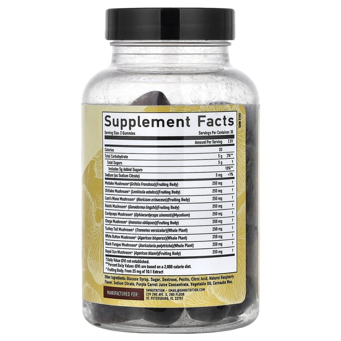 SMNutrition, 10-in-1 Gemengde Paddenstoelen Gummies, Frambozensmaak, 60 Gummies