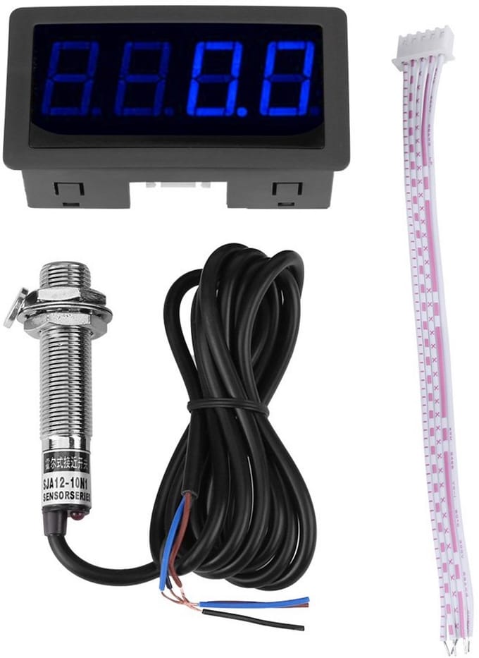 Tachometer, 4 Digital LED Display Meter Precision Tachometer with Hall Proximity Switch Sensor NPN (Blue)