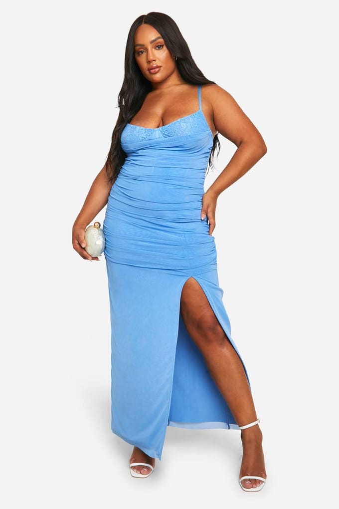 boohoo Dames Plus Lace Power Mesh Bandagejurk | Blauw | Maat: 54